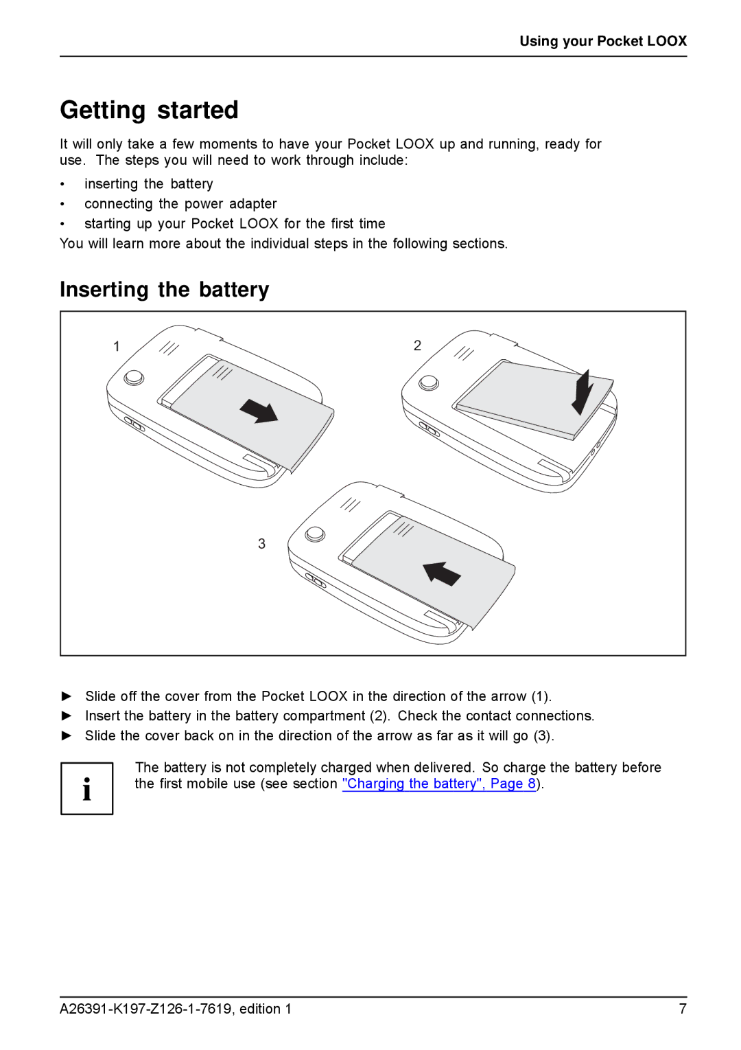 Navigon N100 user manual Getting started, Inserting the battery 