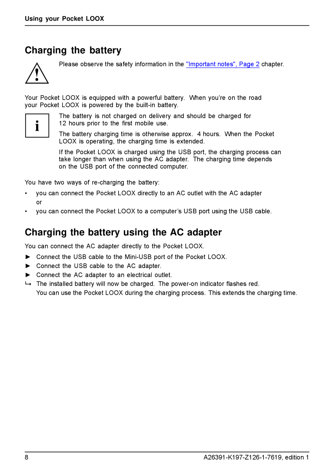 Navigon N100 user manual Charging the battery using the AC adapter 