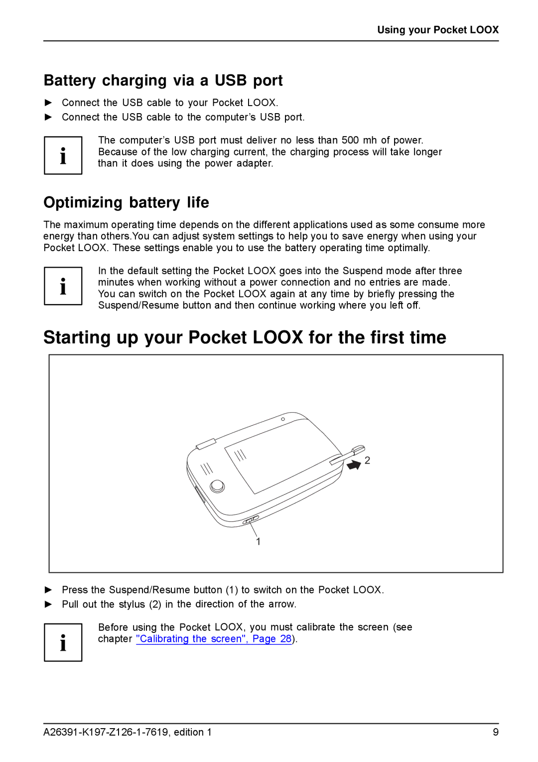 Navigon N100 Starting up your Pocket Loox for the ﬁrst time, Battery charging via a USB port, Optimizing battery life 