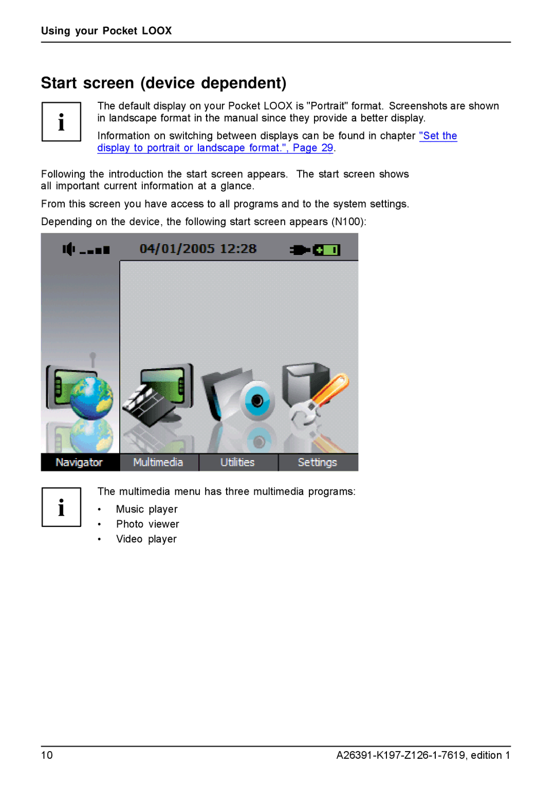 Navigon N100 user manual Start screen device dependent 