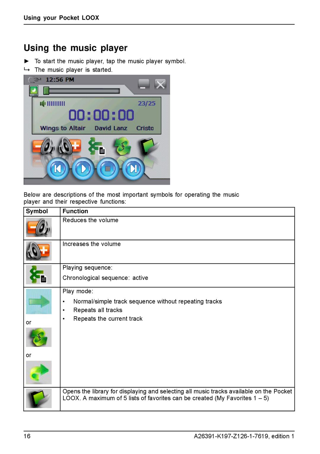 Navigon N100 user manual Using the music player, Symbol Function 