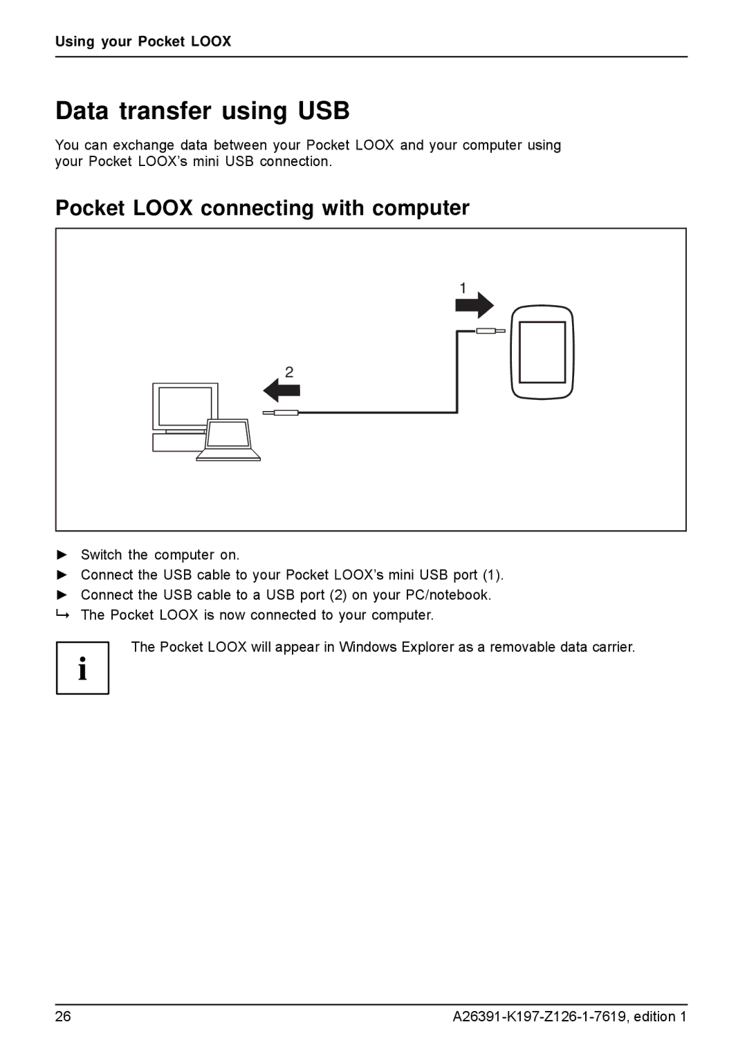 Navigon N100 user manual Data transfer using USB, Pocket Loox connecting with computer 