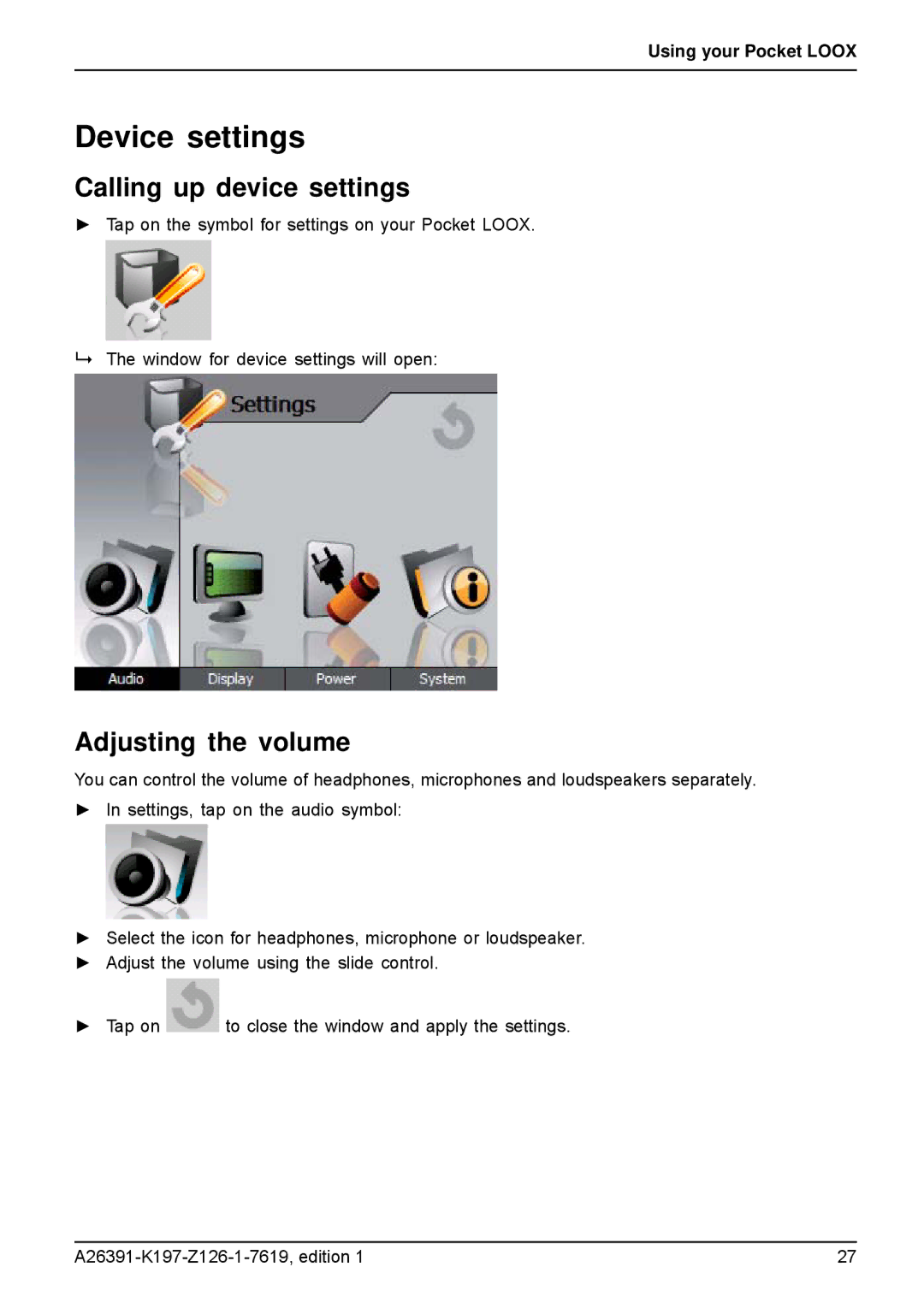 Navigon N100 user manual Device settings, Calling up device settings, Adjusting the volume 