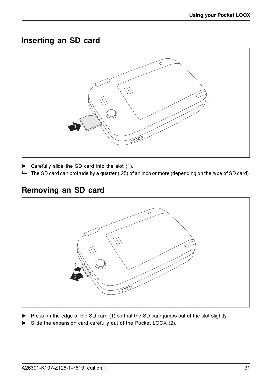 Navigon N100 user manual Inserting an SD card, Removing an SD card 