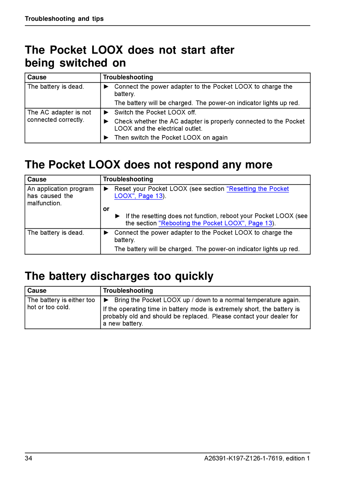 Navigon N100 user manual Pocket Loox does not start after being switched on, Pocket Loox does not respond any more 