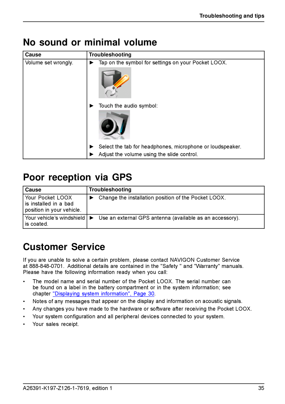 Navigon N100 user manual No sound or minimal volume, Poor reception via GPS, Customer Service 