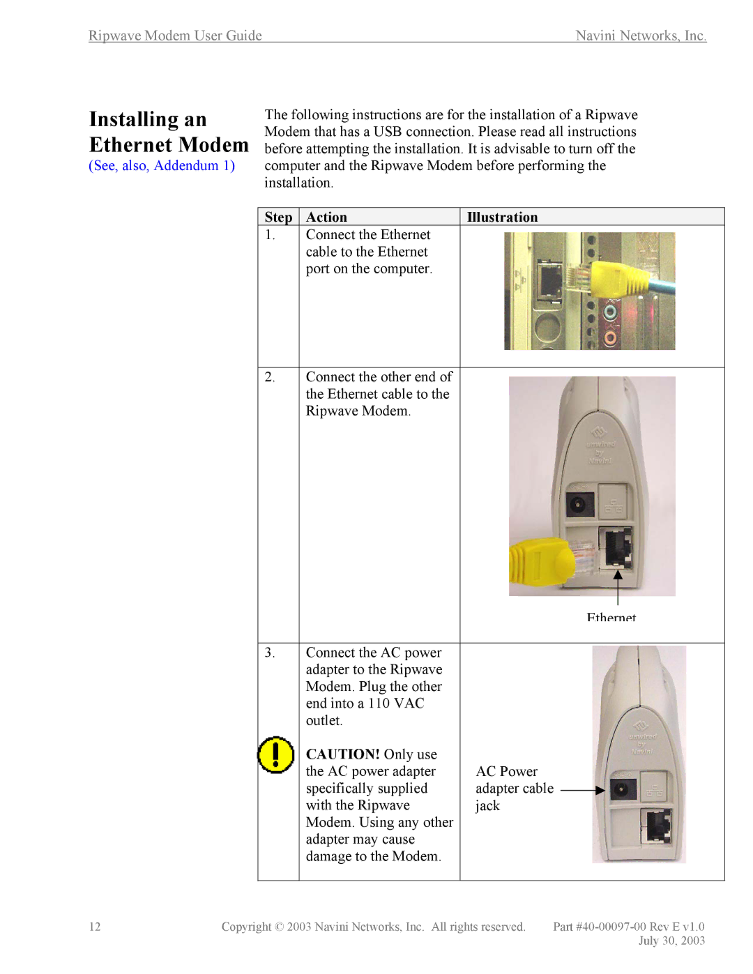 Navini Networks 40-00097-00 manual Installing an Ethernet Modem, Step Action Illustration 