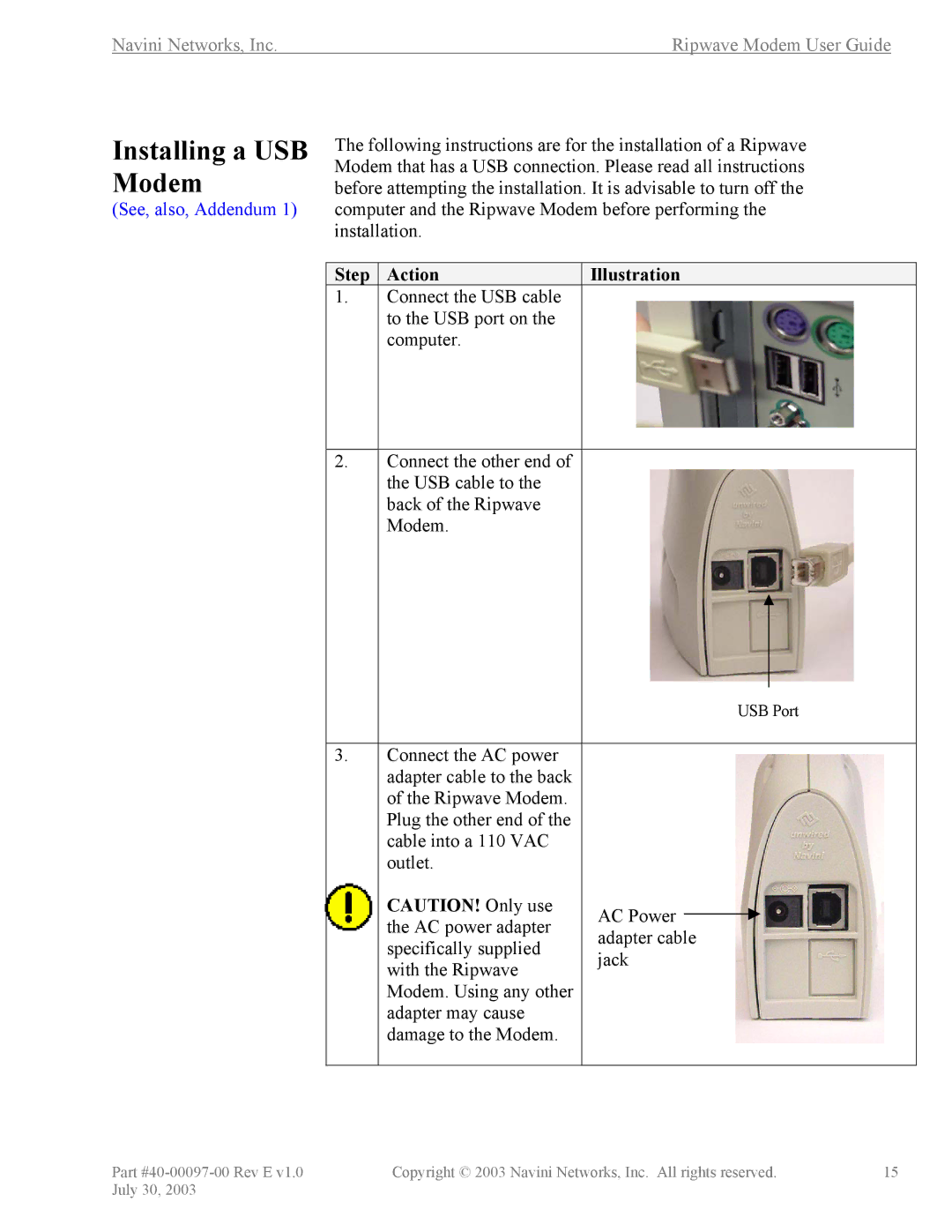 Navini Networks 40-00097-00 manual Installing a USB Modem 