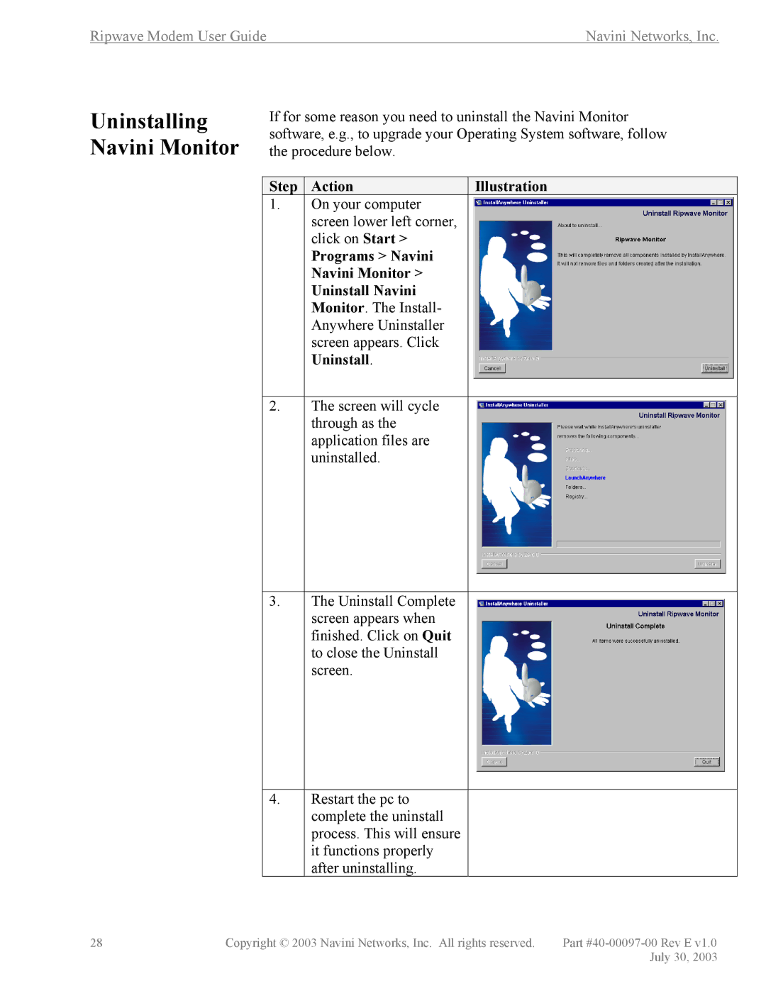 Navini Networks 40-00097-00 manual Uninstalling Navini Monitor, Programs Navini Navini Monitor Uninstall Navini 