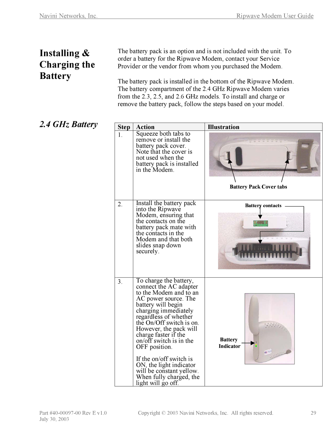 Navini Networks 40-00097-00 manual Installing Charging Battery, GHz Battery 