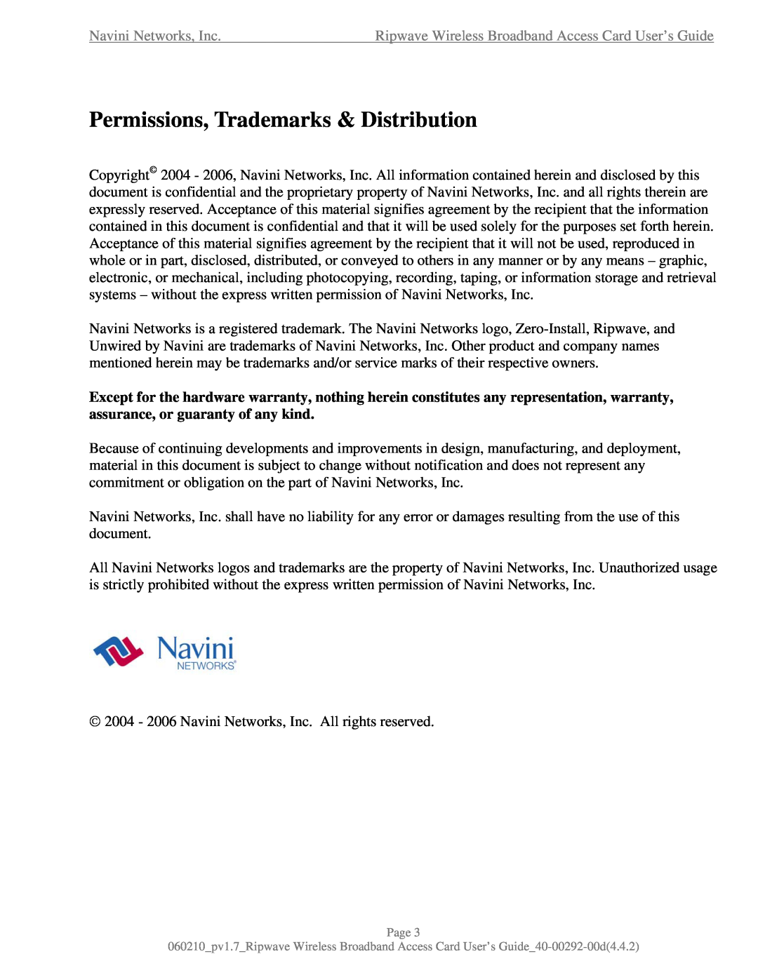 Navini Networks 40-00292-00 manual Permissions, Trademarks & Distribution, Navini Networks, Inc 