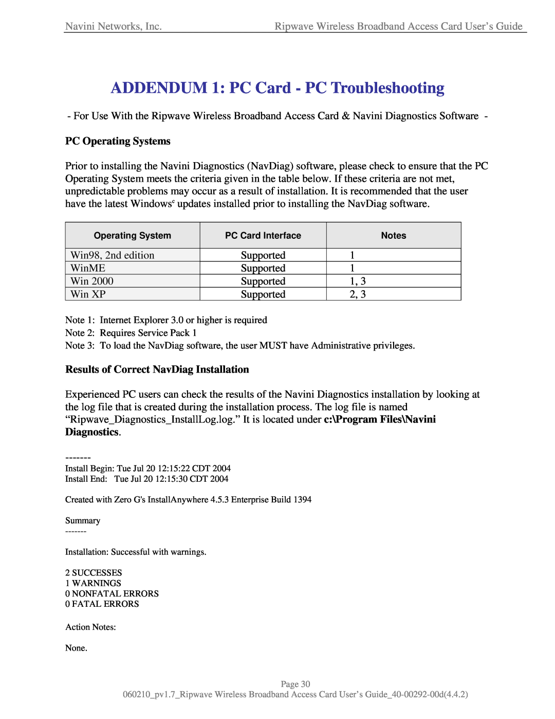 Navini Networks 40-00292-00 manual ADDENDUM 1 PC Card - PC Troubleshooting, PC Operating Systems, Navini Networks, Inc 