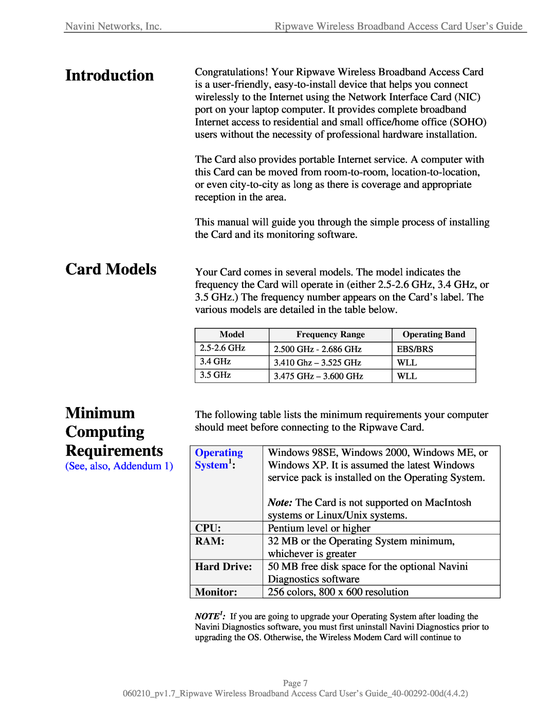 Navini Networks 40-00292-00 manual Introduction Card Models, Minimum Computing Requirements, Hard Drive, Monitor, Operating 