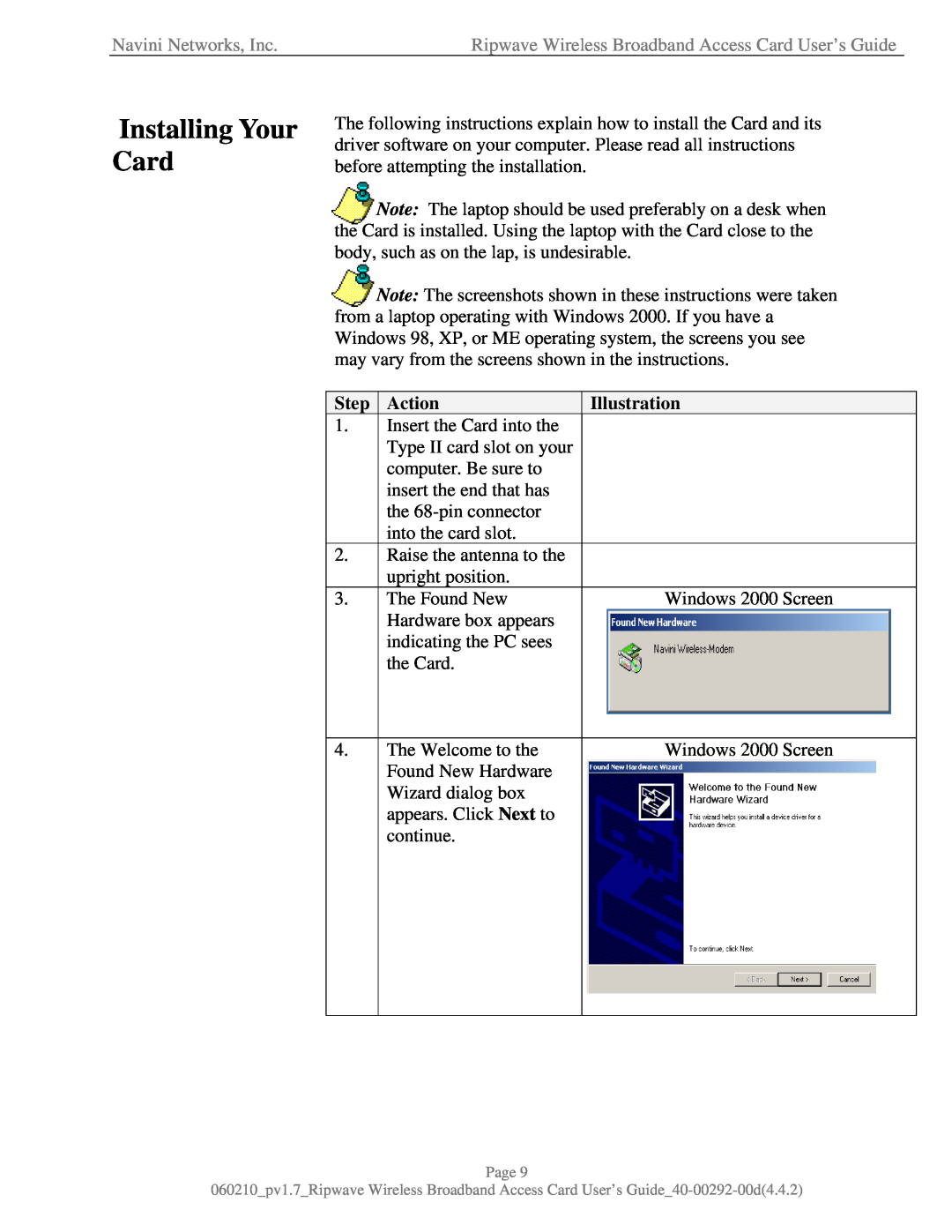 Navini Networks 40-00292-00 manual Installing Your Card, Step, Action, Illustration, Navini Networks, Inc 