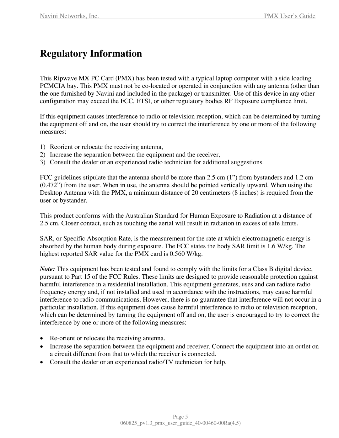 Navini Networks 40-00460-00R manual Regulatory Information 