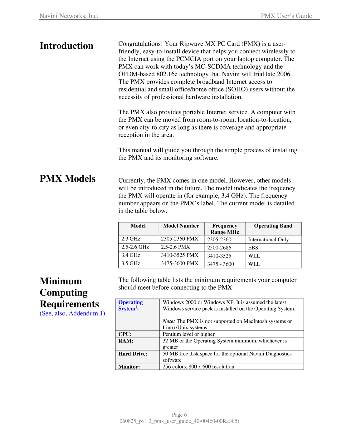 Navini Networks 40-00460-00R manual Introduction PMX Models Minimum Computing Requirements, See, also, Addendum 