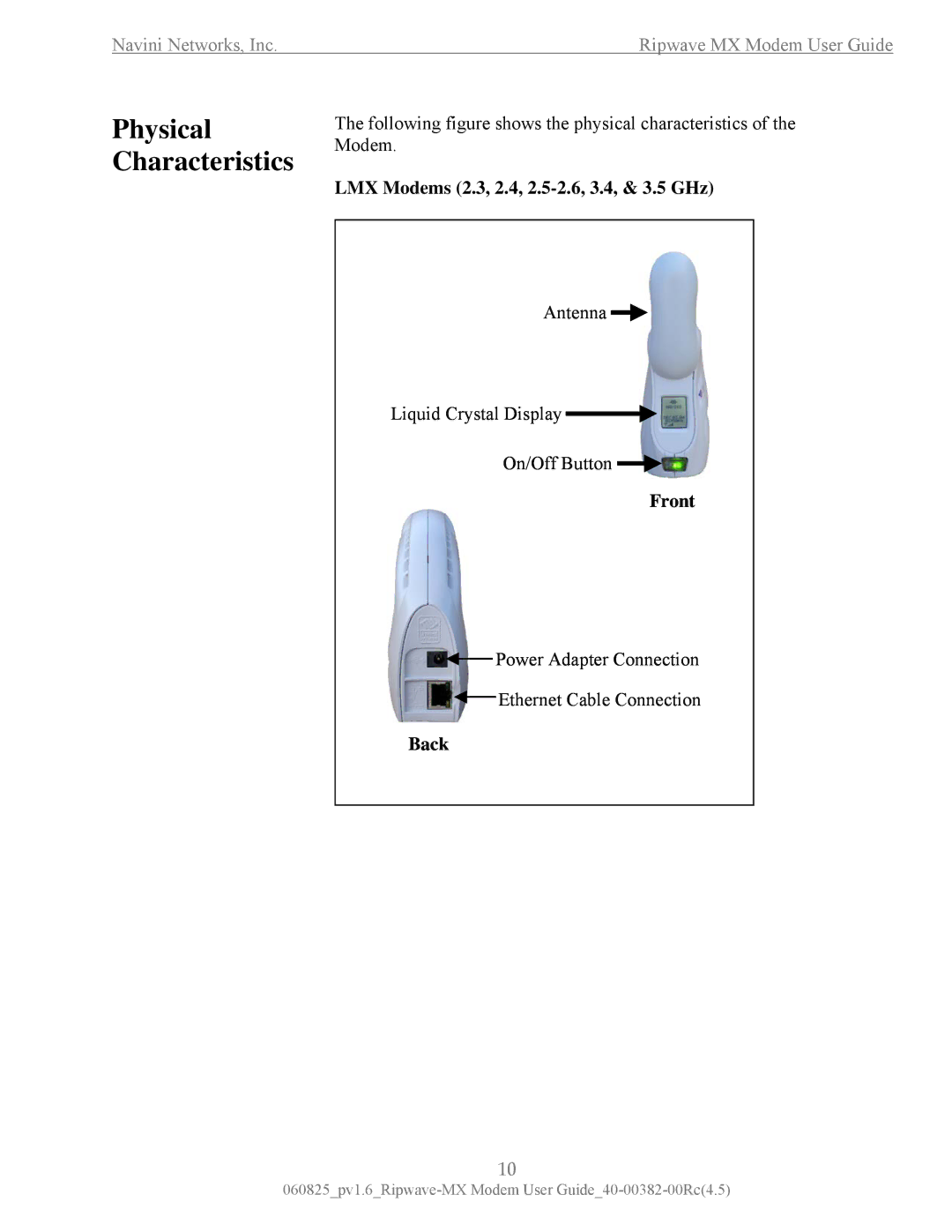 Navini Networks manual Physical Characteristics, LMX Modems 2.3, 2.4, 2.5-2.6, 3.4, & 3.5 GHz, Front, Back 