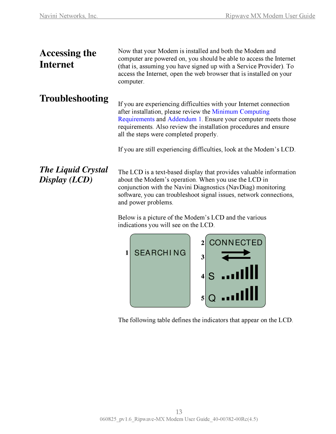 Navini Networks MX manual Accessing the Internet Troubleshooting, Liquid Crystal Display LCD 