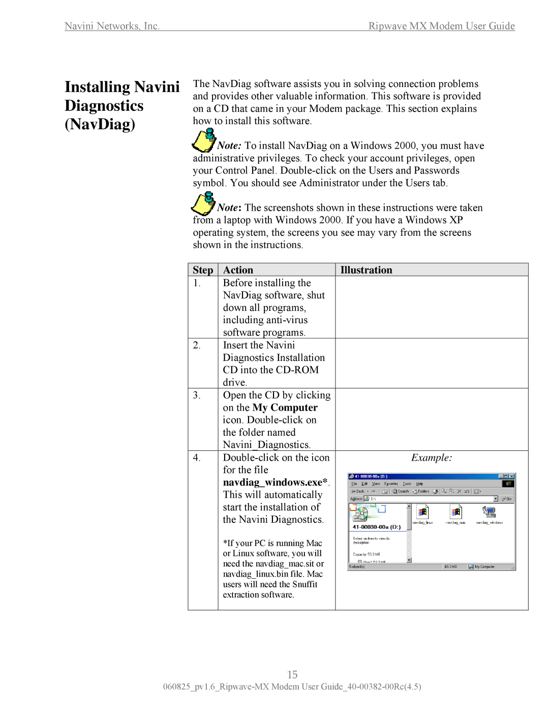 Navini Networks MX manual Installing Navini Diagnostics NavDiag, Navdiagwindows.exe 