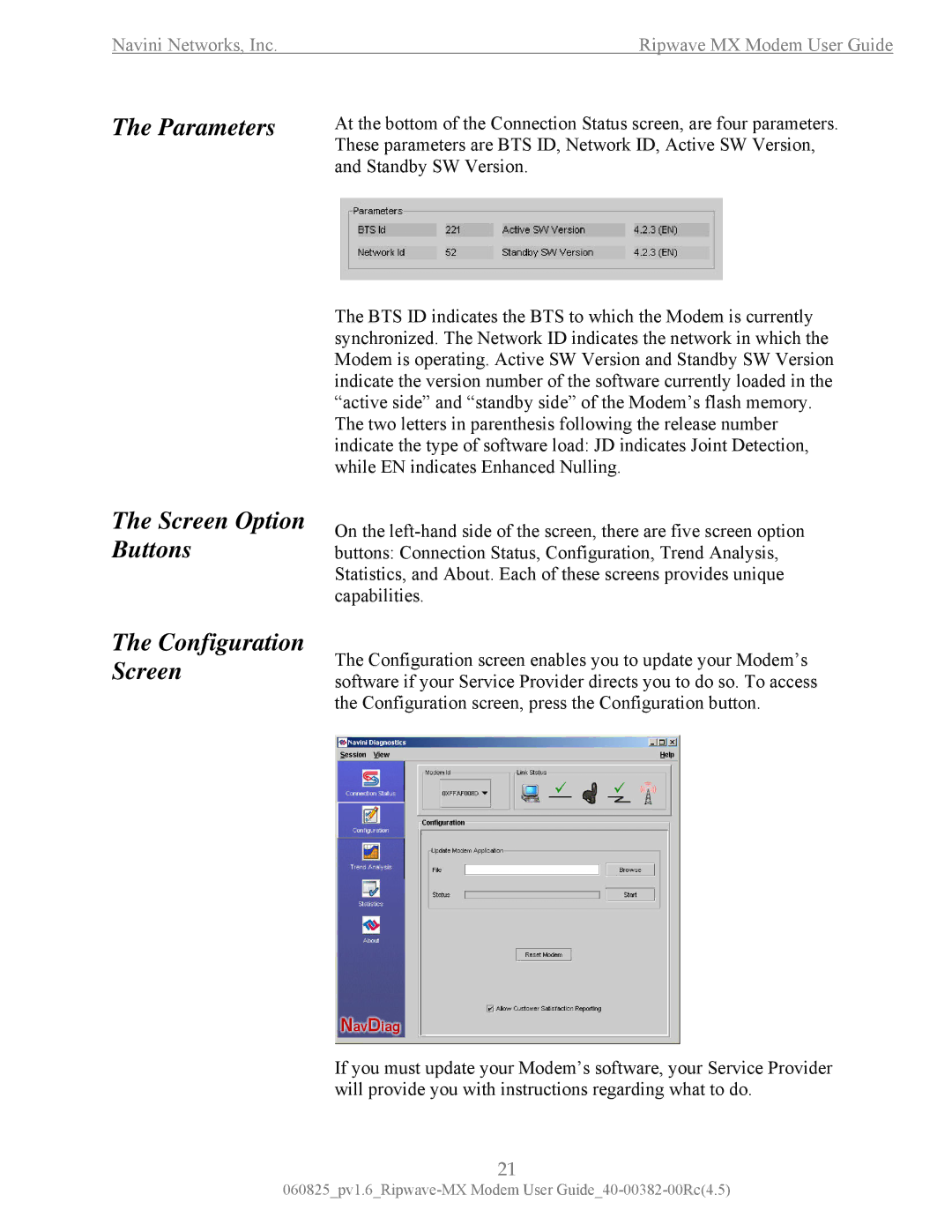 Navini Networks MX manual Parameters Screen Option Buttons Configuration Screen 