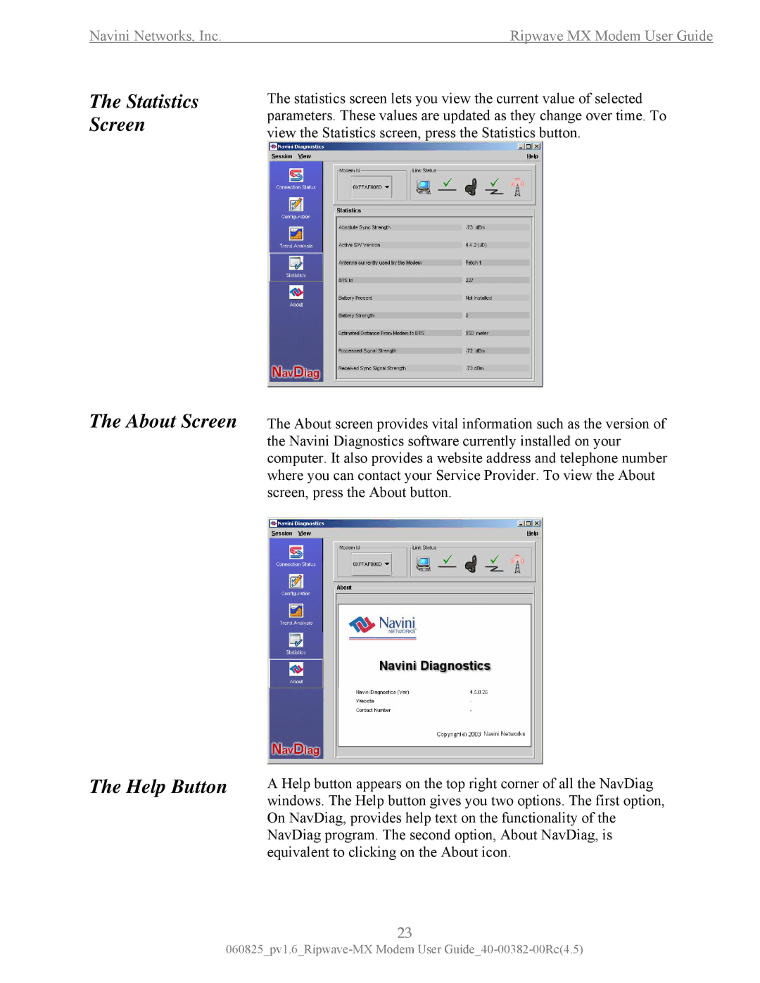 Navini Networks MX manual Statistics Screen About Screen Help Button 