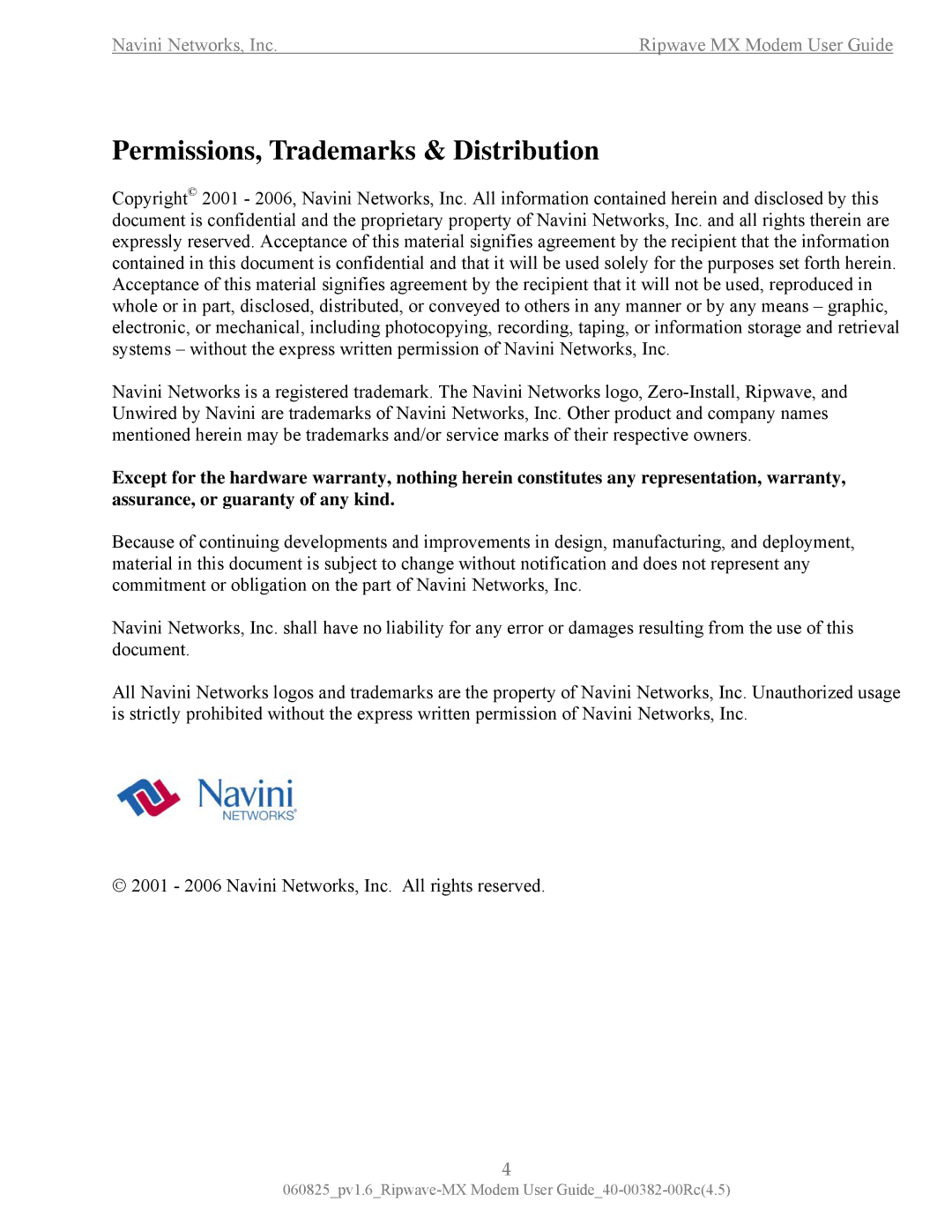 Navini Networks MX manual Permissions, Trademarks & Distribution 