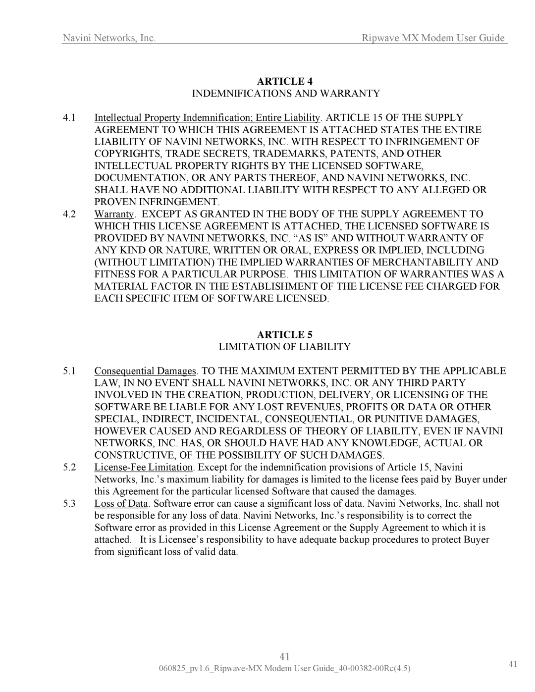 Navini Networks MX manual Indemnifications and Warranty 