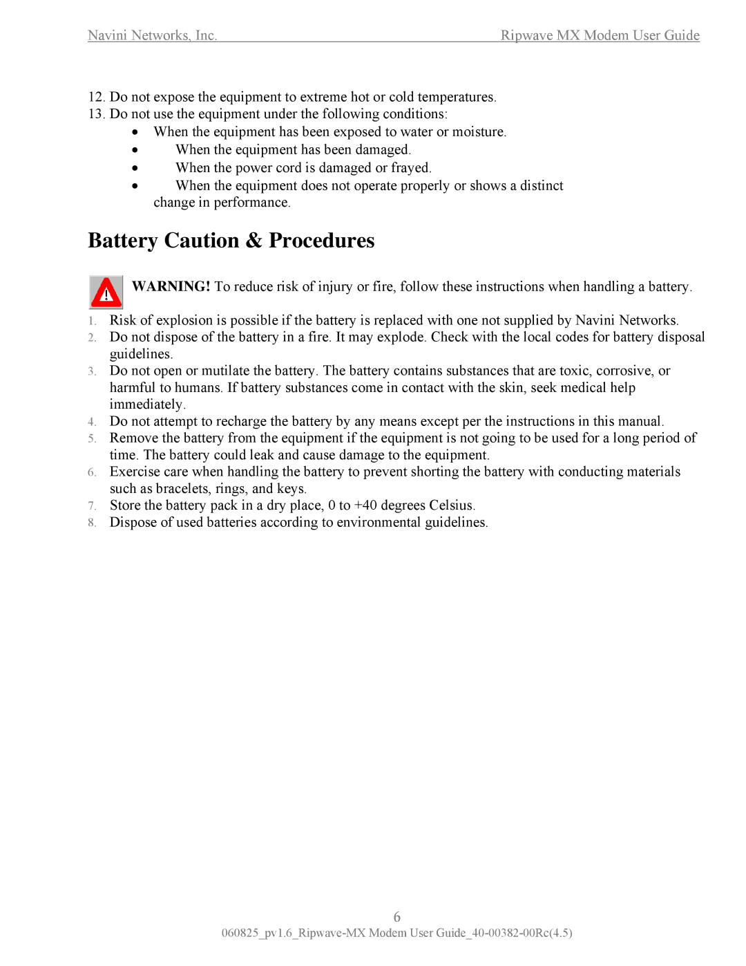 Navini Networks MX manual Battery Caution & Procedures 