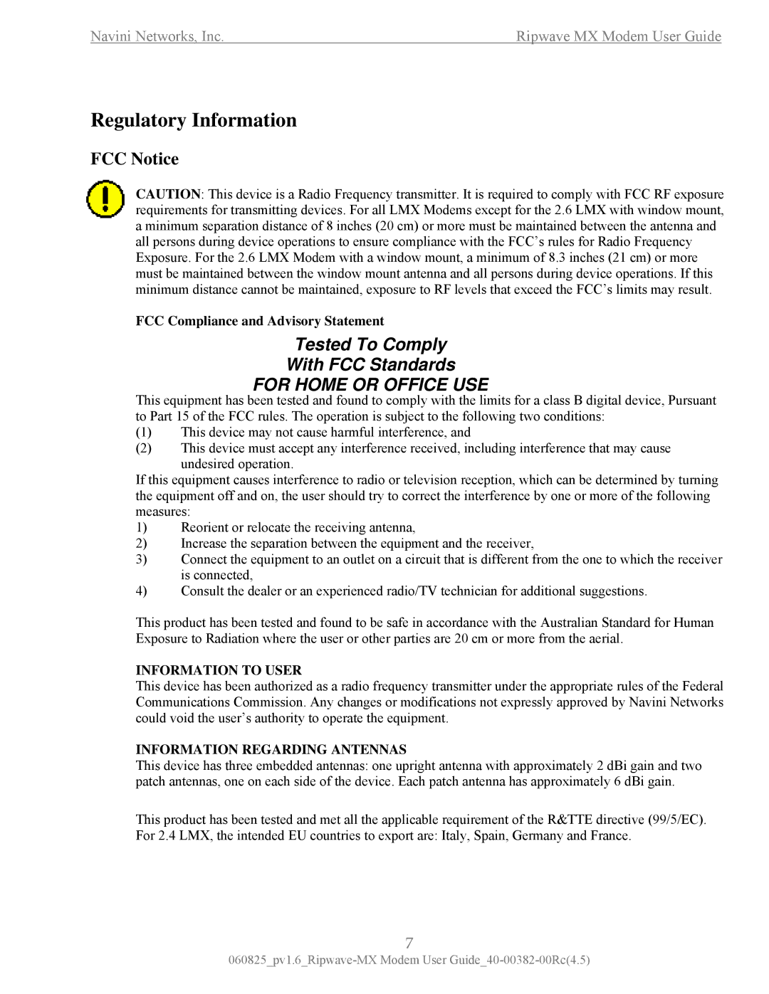 Navini Networks MX manual Regulatory Information 