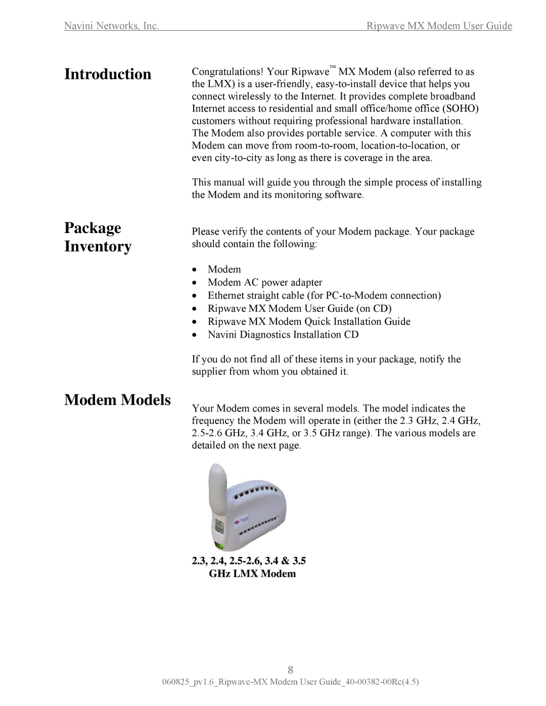 Navini Networks manual Introduction Package Inventory Modem Models, 2.4, 2.5-2.6, 3.4 & 3.5 GHz LMX Modem 