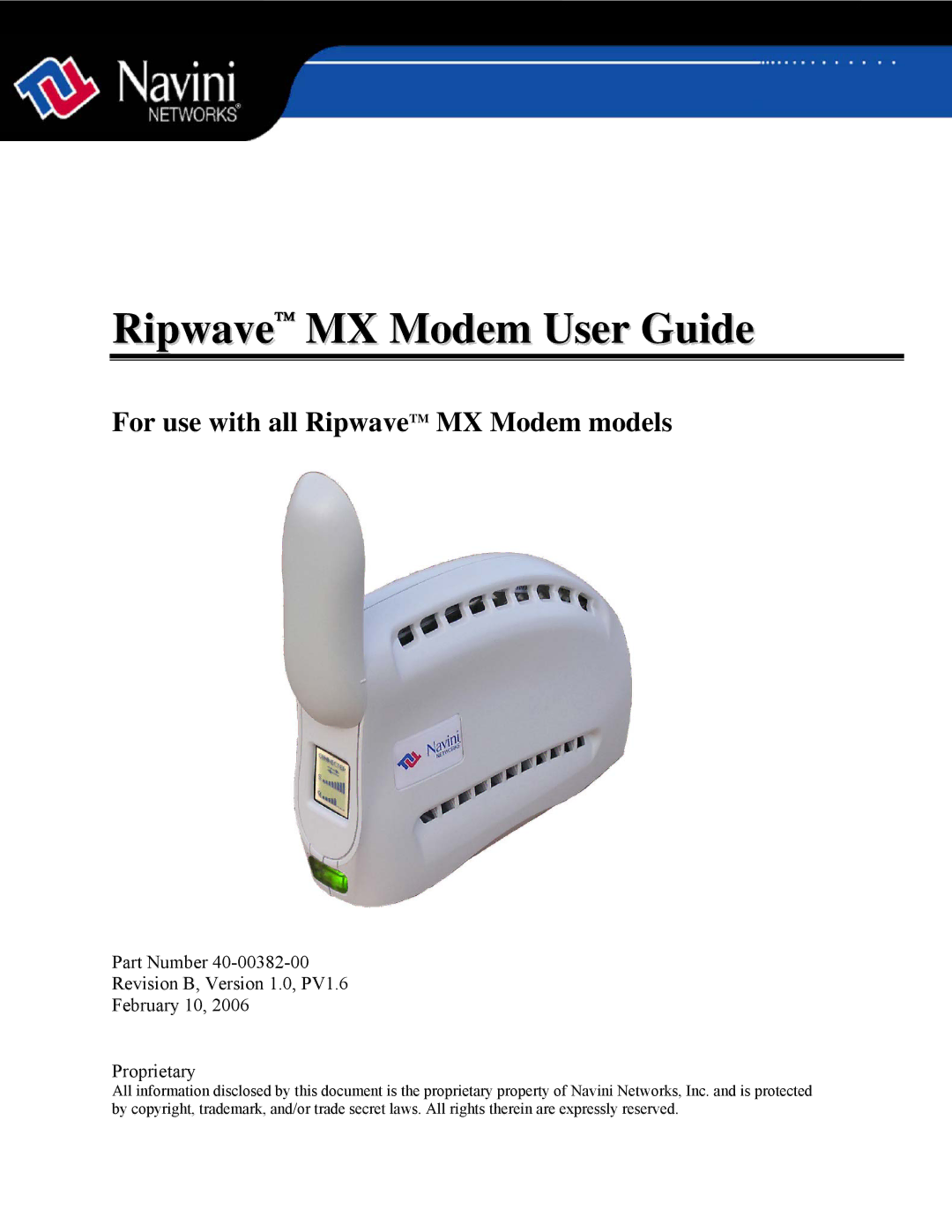 Navini Networks manual Ripwave MX Modem User Guide, For use with all RipwaveTM MX Modem models 