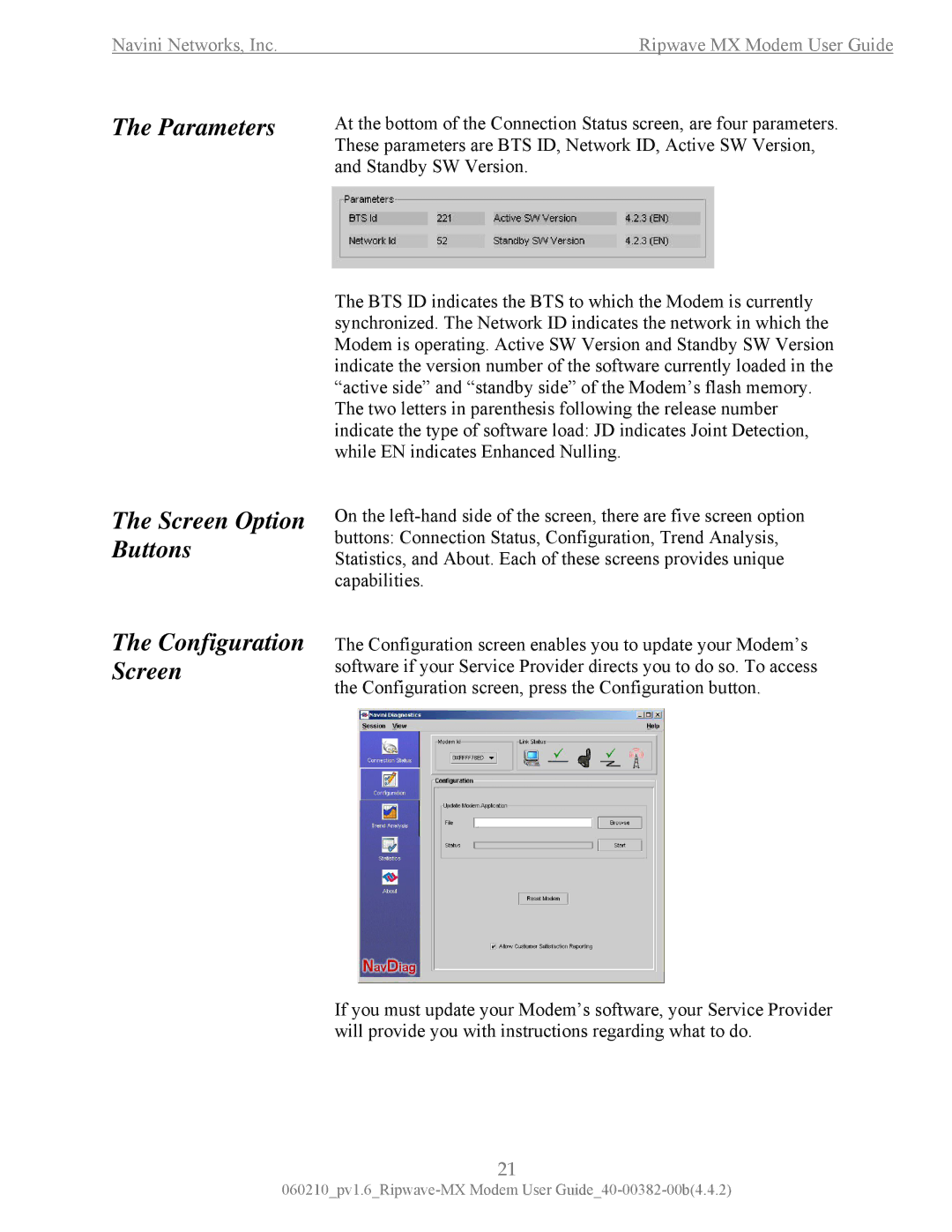 Navini Networks Ripwave manual Parameters Screen Option Buttons Configuration Screen 