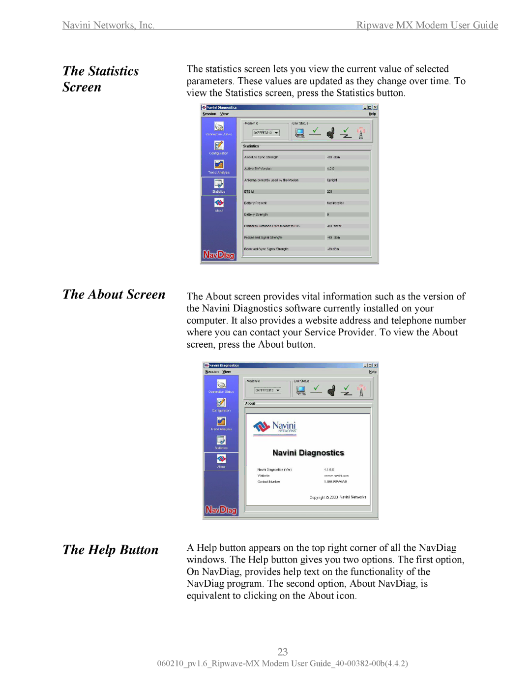 Navini Networks Ripwave manual Statistics Screen About Screen Help Button 