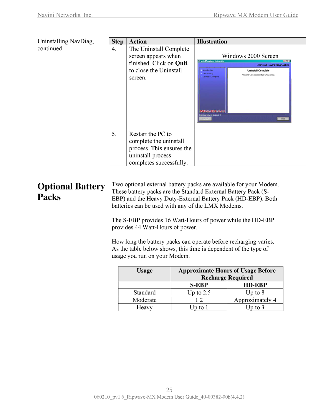 Navini Networks Ripwave manual Optional Battery Packs, Usage Approximate Hours of Usage Before Recharge Required 