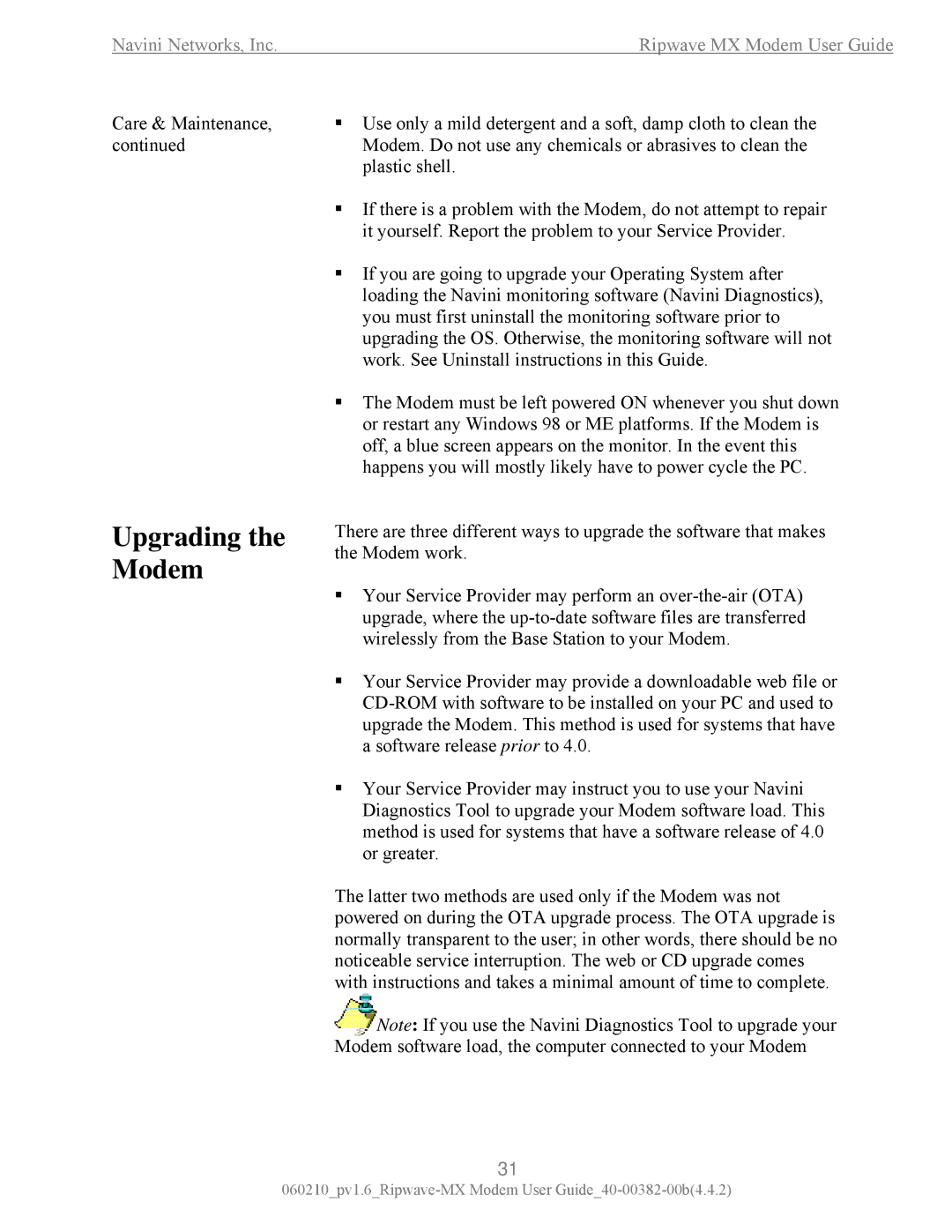 Navini Networks Ripwave manual Upgrading the Modem 