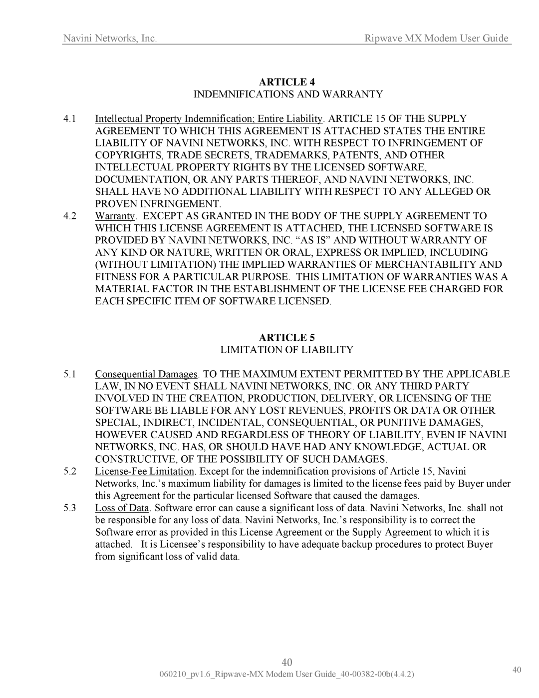 Navini Networks Ripwave manual Indemnifications and Warranty 