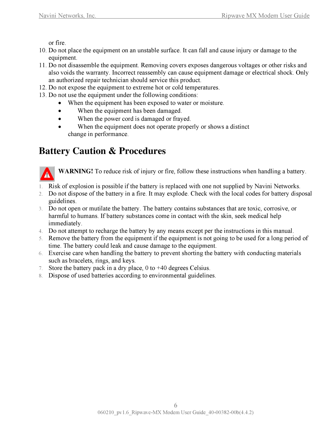 Navini Networks Ripwave manual Battery Caution & Procedures 