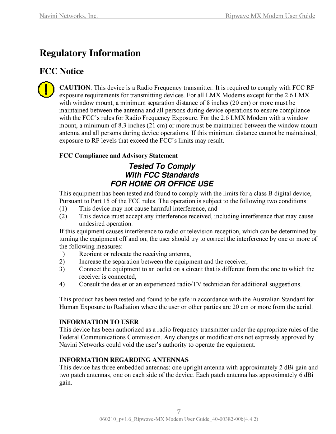 Navini Networks Ripwave manual Regulatory Information, FCC Compliance and Advisory Statement 