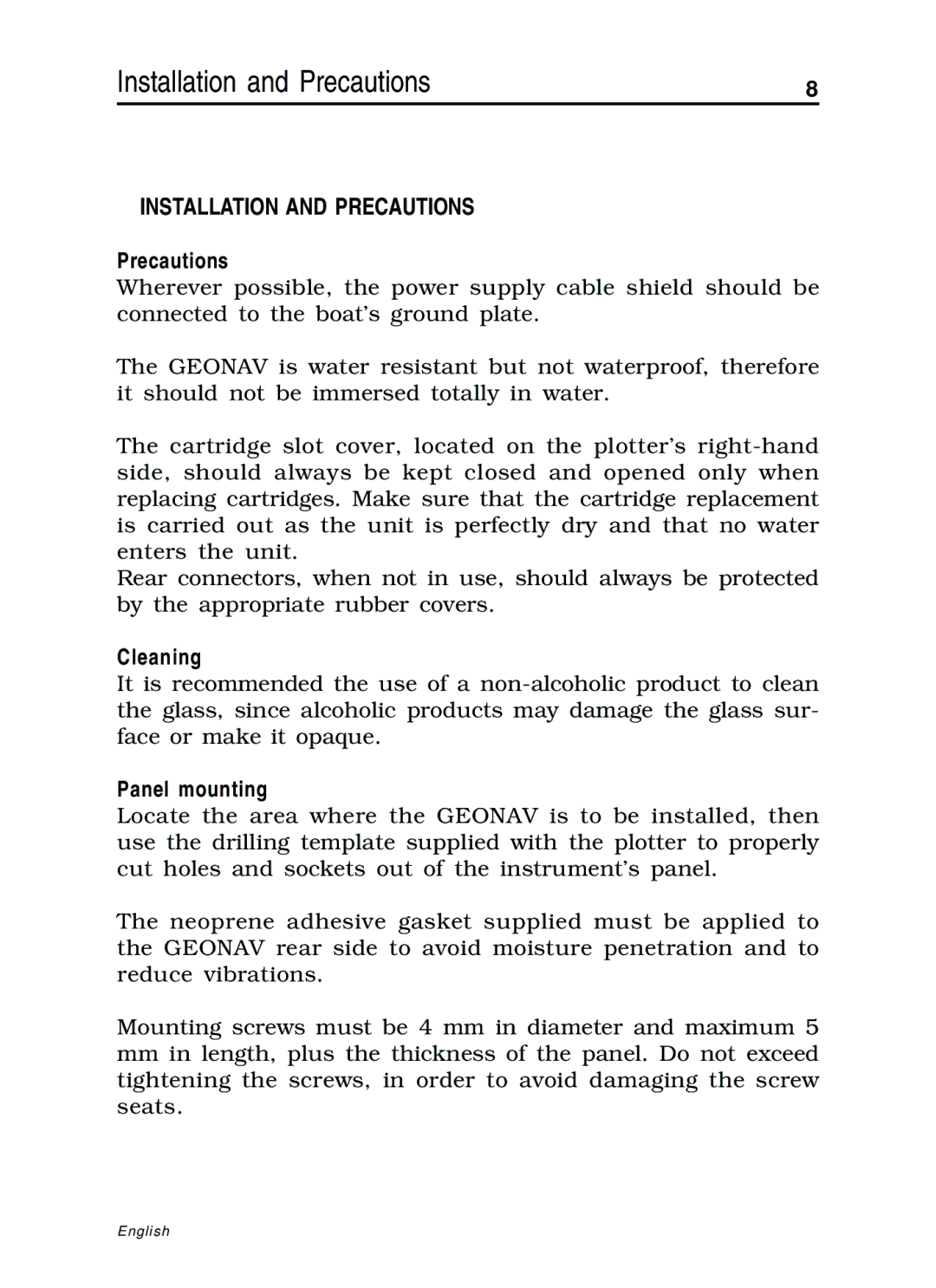 Navionics 10C, 11C manual Installation and Precautions, Cleaning, Panel mounting 