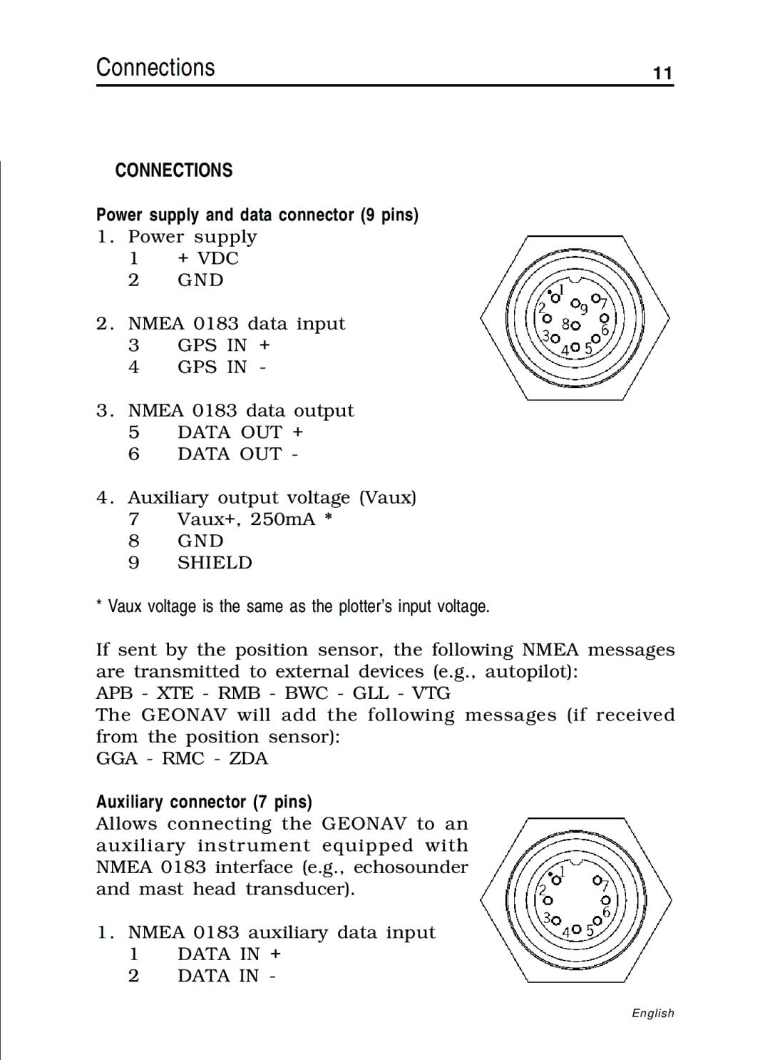 Navionics 11C, 10C manual Connections, Power supply and data connector 9 pins 1. Power supply, Auxiliary connector 7 pins 