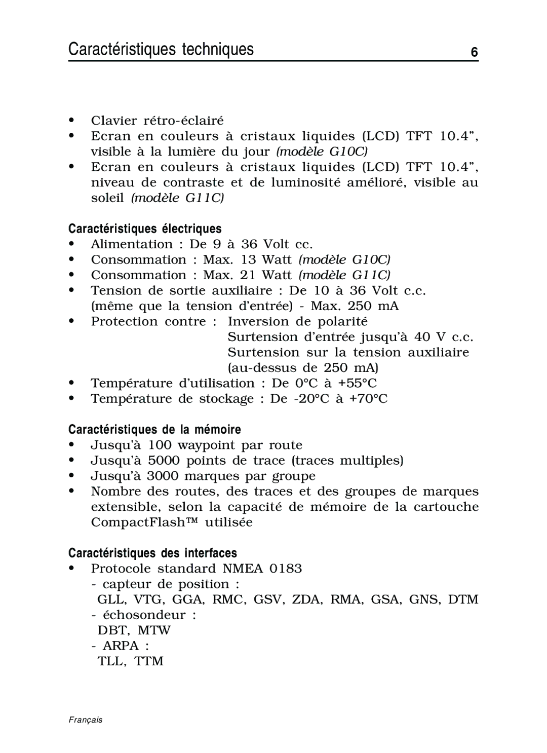 Navionics 10C, 11C manual Caractéristiques électriques, Caractéristiques de la mémoire, Caractéristiques des interfaces 