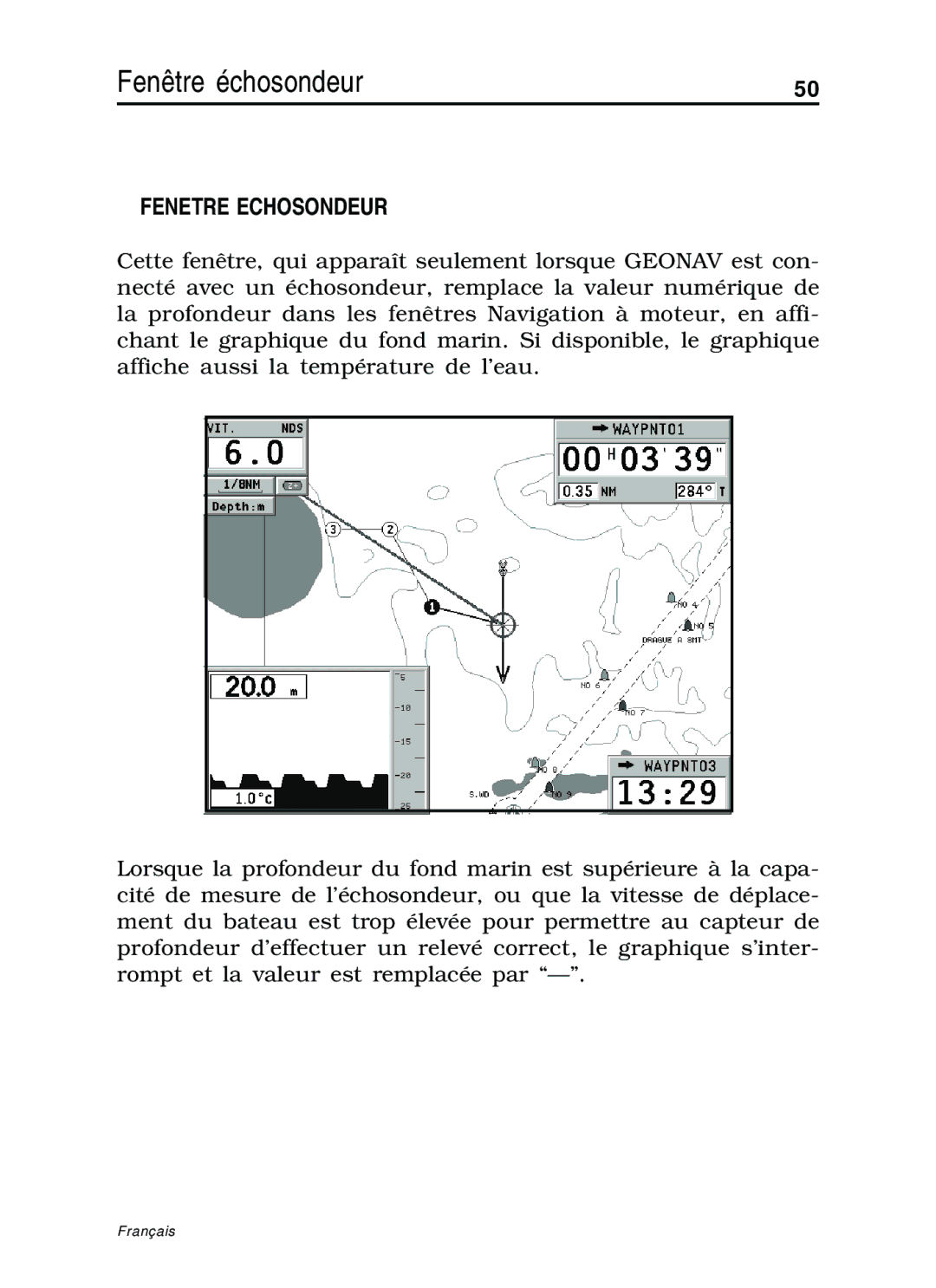 Navionics 10C, 11C manual Fenêtre échosondeur, Fenetre Echosondeur 