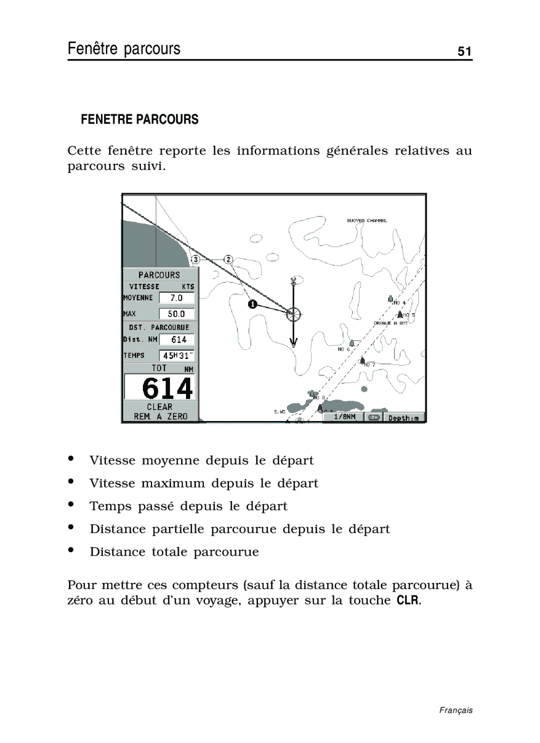 Navionics 11C, 10C manual Fenêtre parcours, Fenetre Parcours 