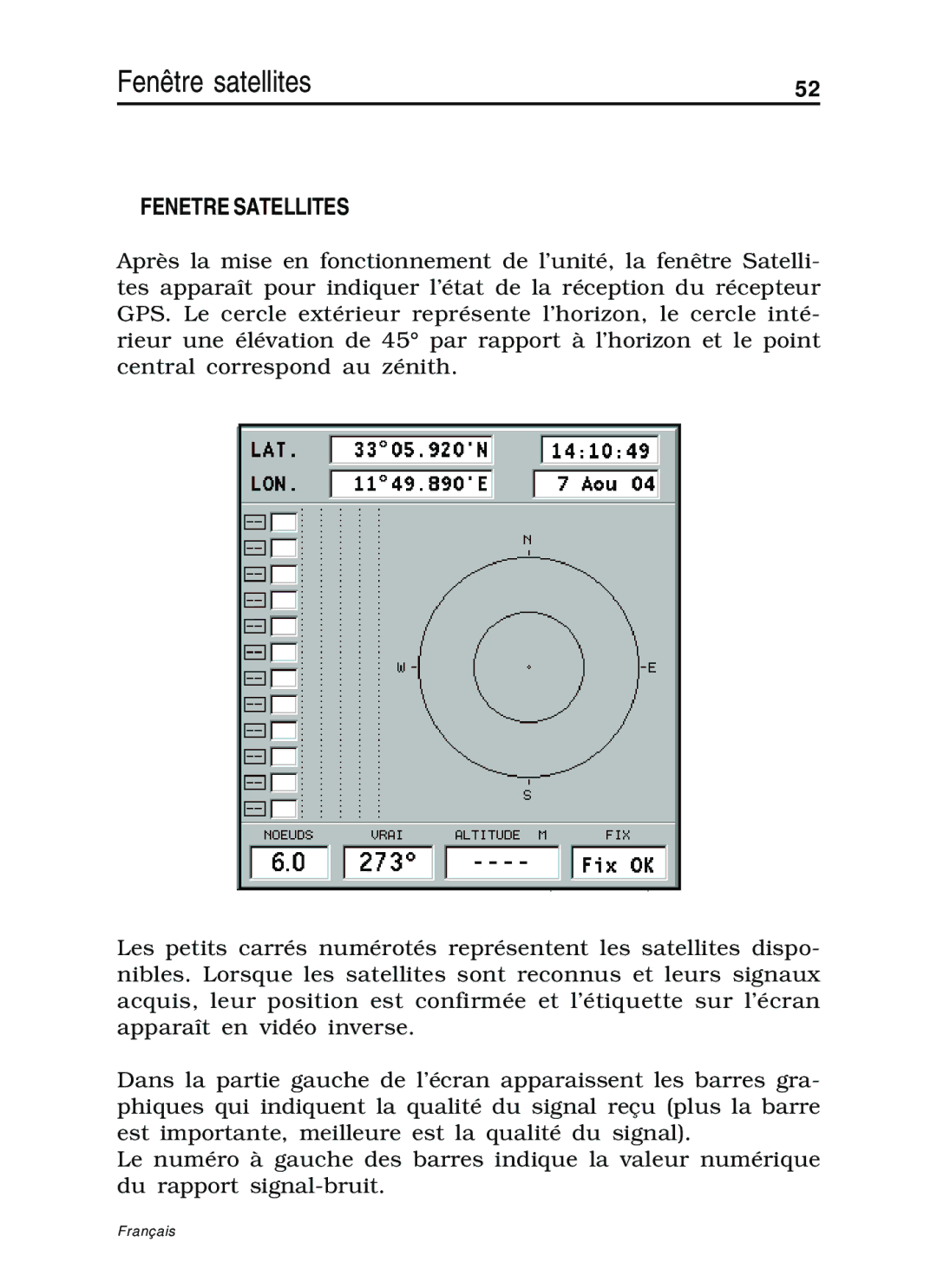 Navionics 10C, 11C manual Fenêtre satellites, Fenetre Satellites 