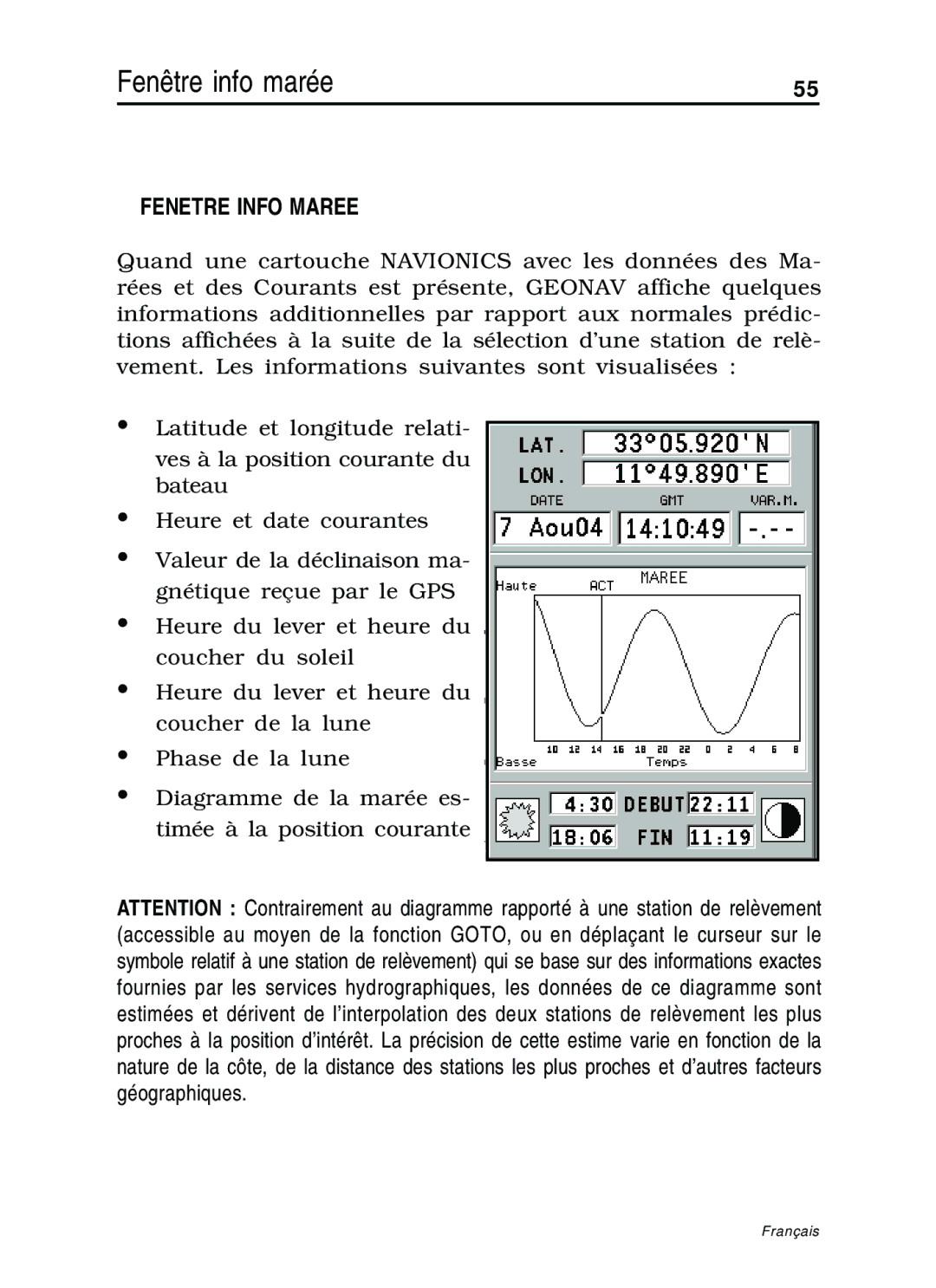 Navionics 11C, 10C manual Fenêtre info marée, Fenetre Info Maree 