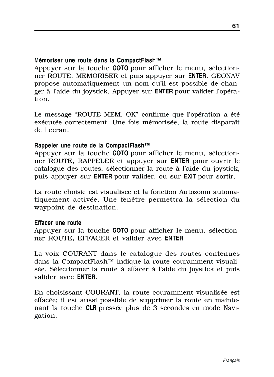 Navionics 11C, 10C manual Mémoriser une route dans la CompactFlash, Rappeler une route de la CompactFlash, Effacer une route 