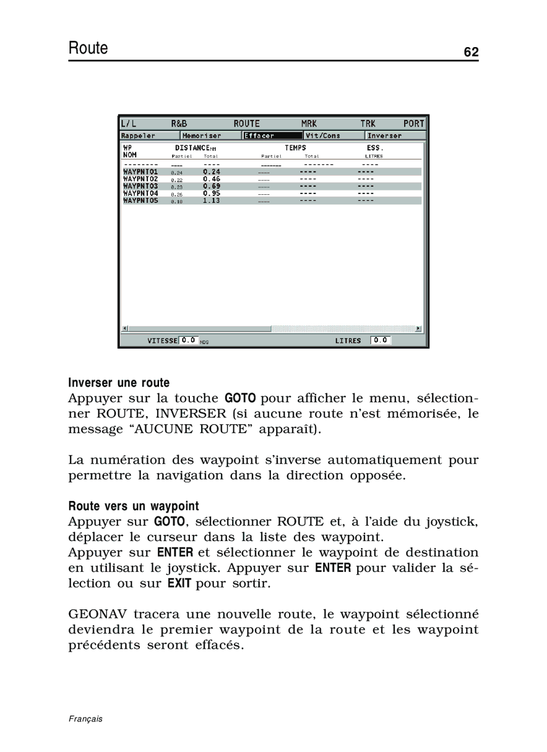 Navionics 10C, 11C manual Inverser une route, Route vers un waypoint 