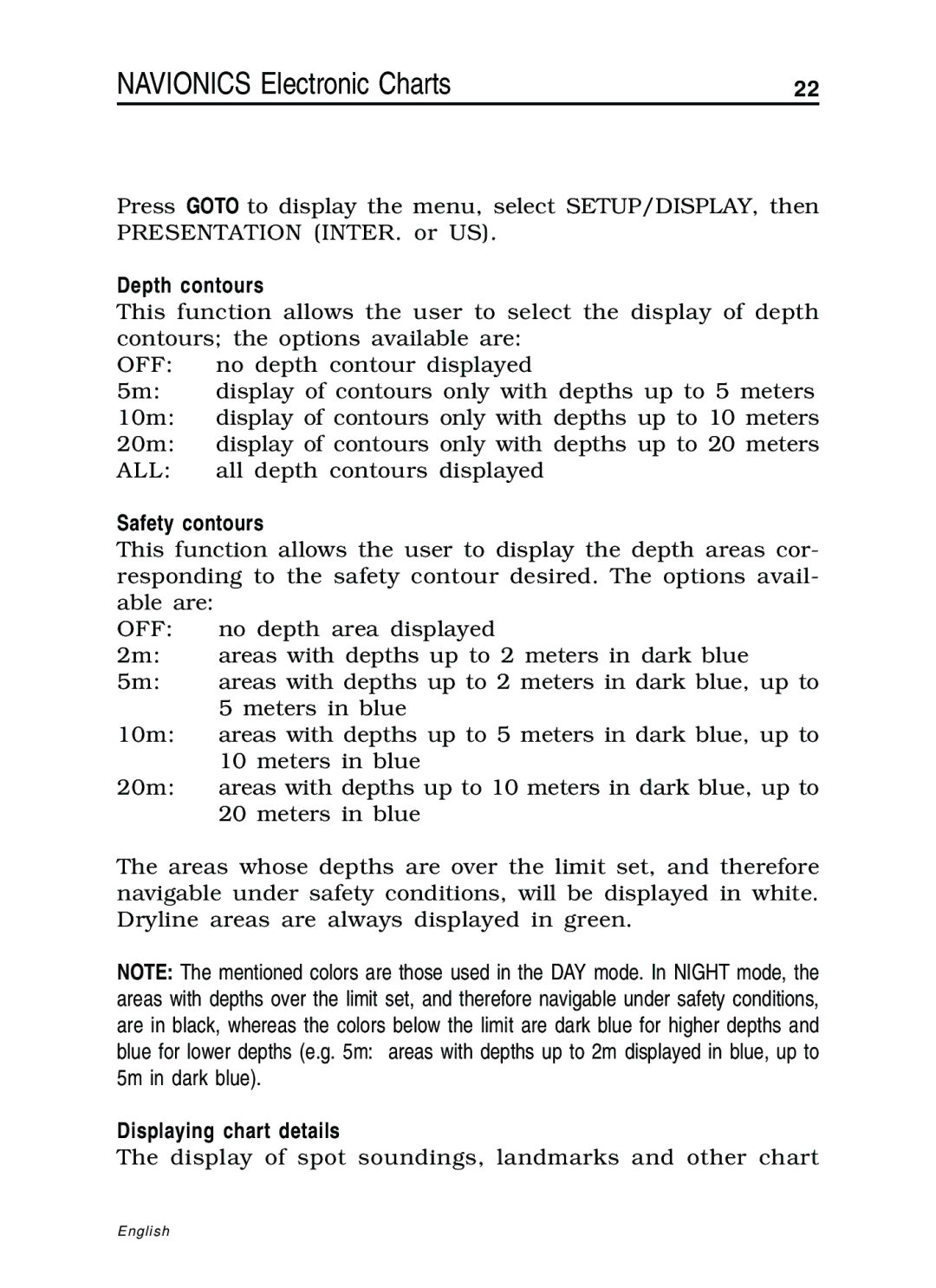 Navionics 10C, 11C manual Depth contours, Safety contours, Displaying chart details 
