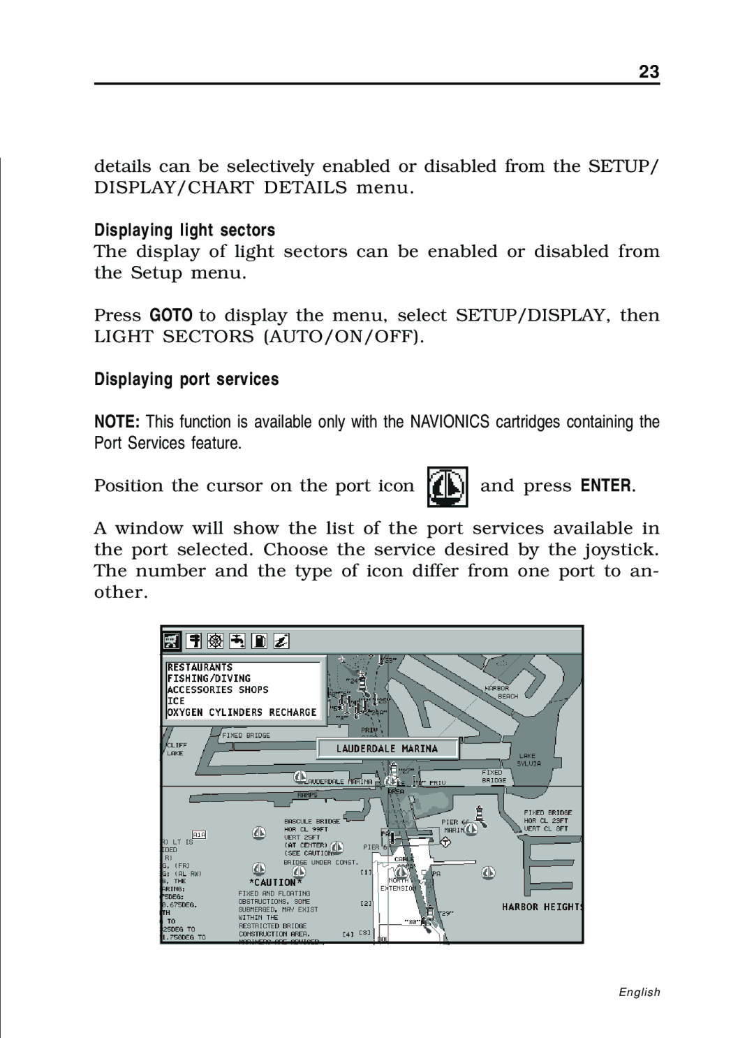 Navionics 11C, 10C manual Displaying light sectors, Displaying port services 