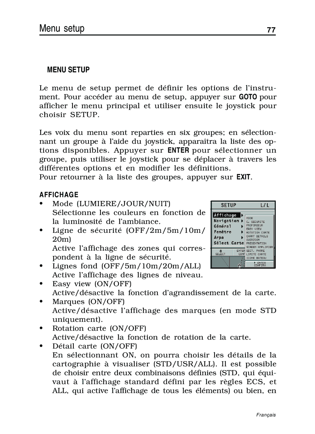 Navionics 11C, 10C manual Menu setup, Menu Setup, Affichage 